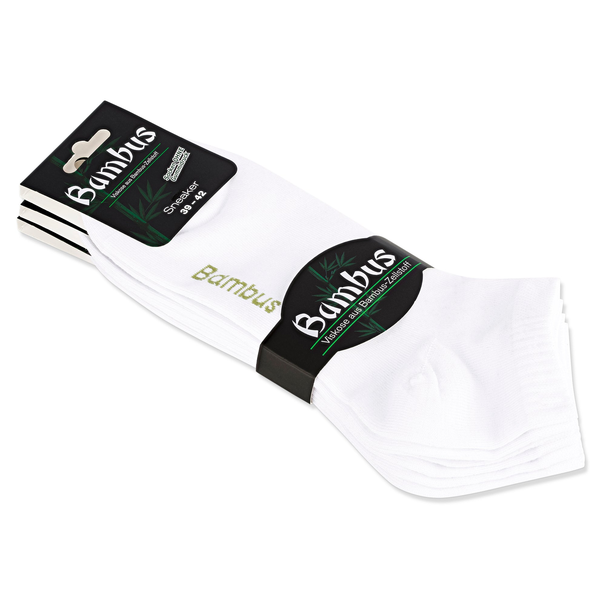 Auf dem Bild siehst du eine weiße Sneaker Socke mit Banderole Bambus und einem Etikett auf dem steht: ohne Gummidruck, Viskose aus Bambuszellstoff.