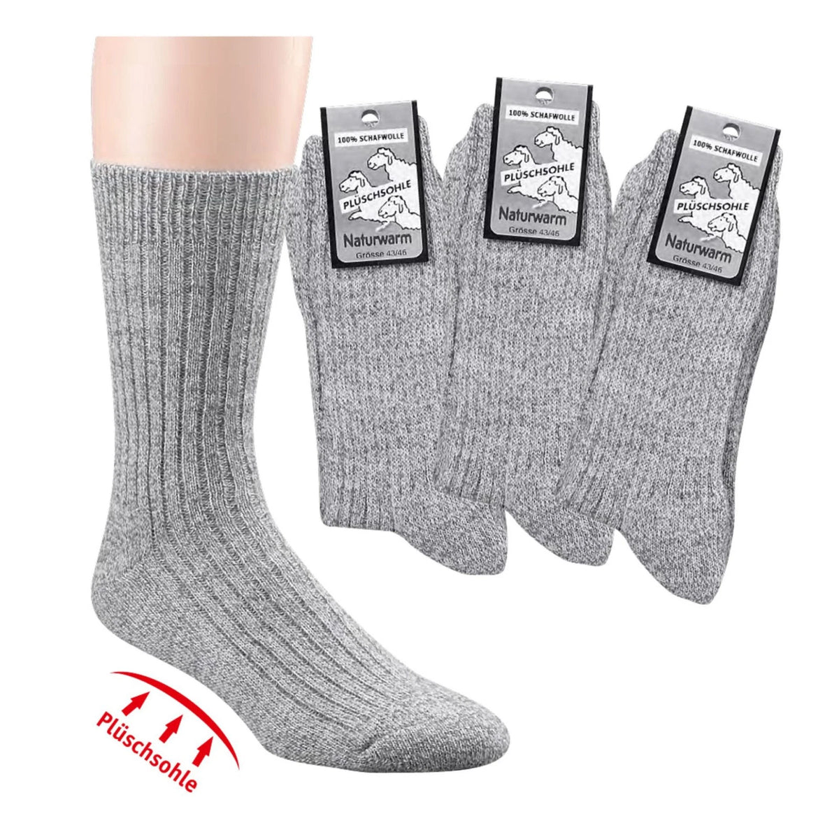 Graumelierte Schafwollsocken ohne Gummi mit weicher Plüschsohle von Wowerat im 3er-Pack