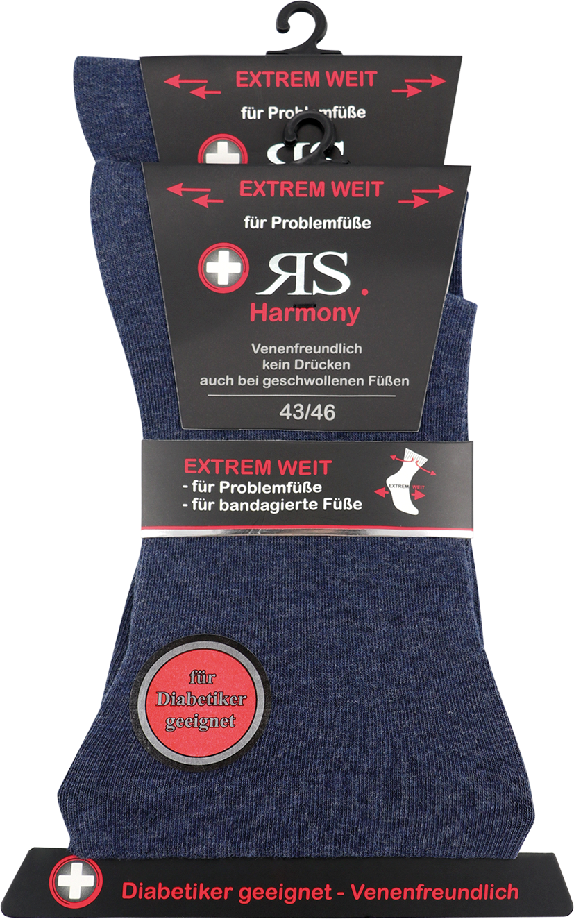Venenfreundliche Socken für Diabetiker. Das Bild zeigt ein Bündel von Socken in einem blauton. Die Diabetikersocken wurden extrem weit ausgebildet und sind fein gestrickt. Genau das Richtige wenn die Füße platz brauchen.