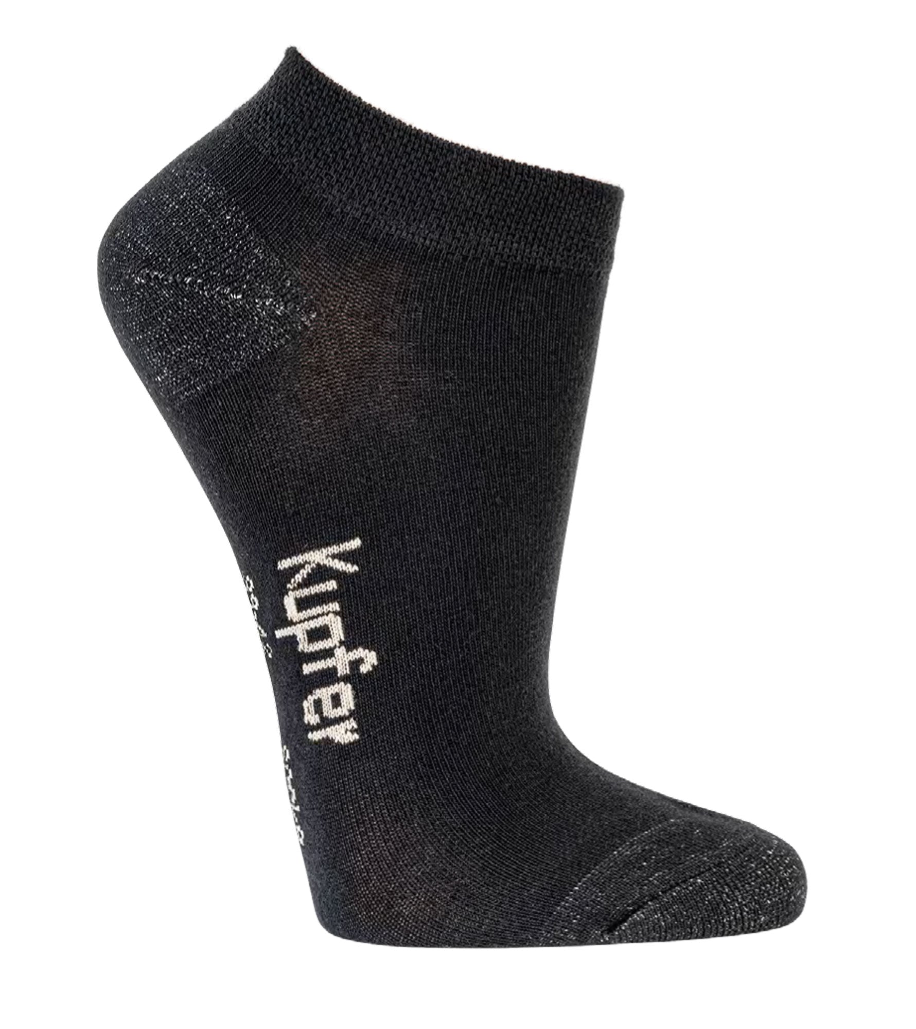 Schwarze Bambus Viskose Sneaker Socken mit Kupferfäden in Spitze und Ferse, Detailansicht