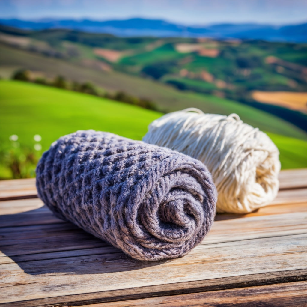 Zwei Rollen Alpakawolle in Grau und Creme auf einem rustikalen Holztisch, mit einer grünen Hügellandschaft im Hintergrund. Das Bild symbolisiert Nachhaltigkeit und die natürliche Herkunft der Alpakawolle.