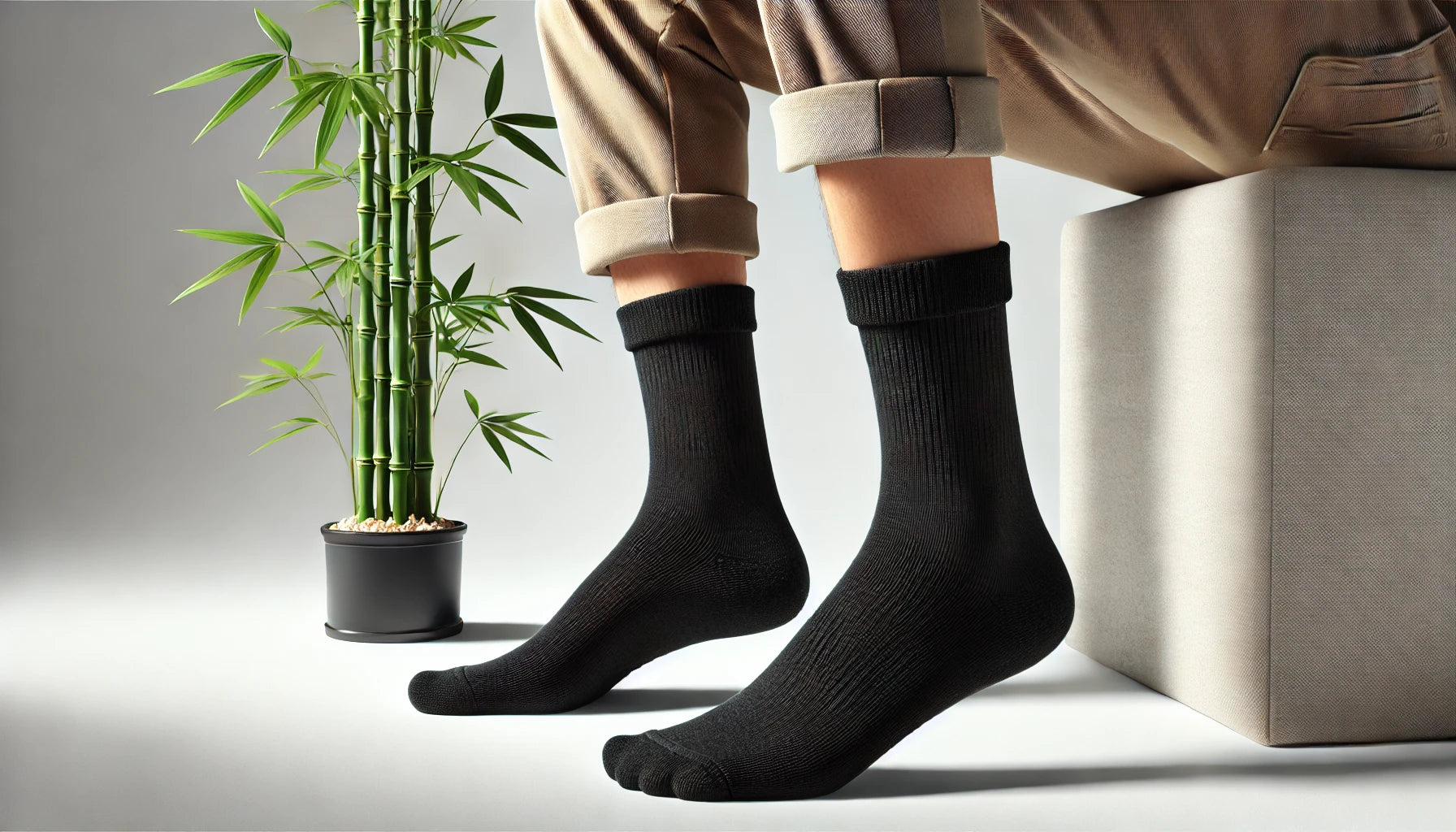 Schwarze Bambus-Socken mit Rollrand für Herren und Damen, atmungsaktiv und bequem, präsentiert vor einem Hintergrund mit Bambuspflanzen, um den nachhaltigen und umweltfreundlichen Aspekt der Socken hervorzuheben