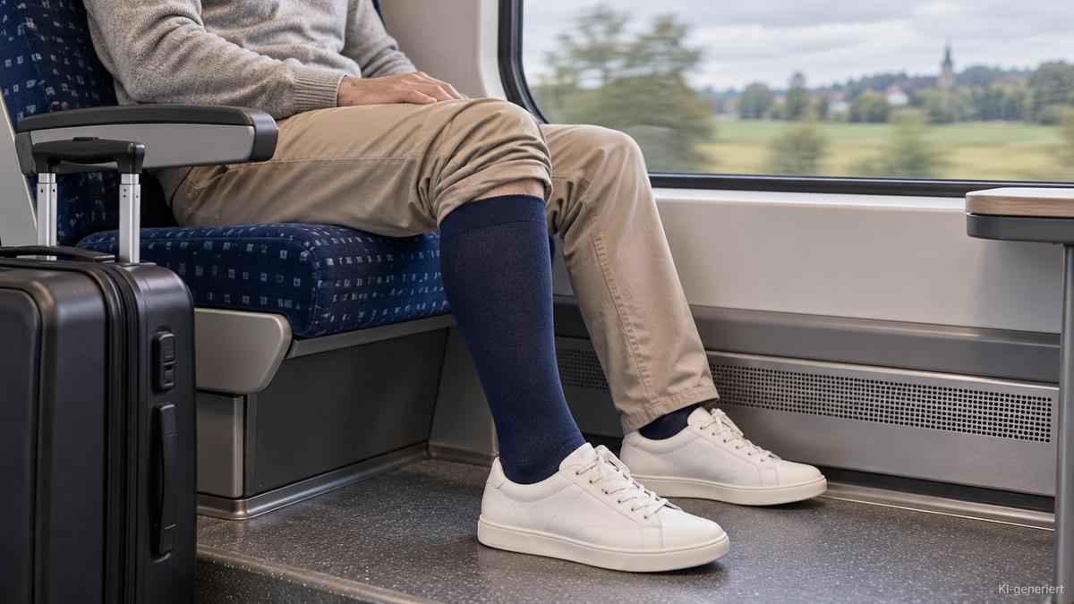 Reisender mit dunkelblauen Stützstrümpfen und weißen Sneakern am Fenster eines Zuges, daneben ein Reisekoffer.