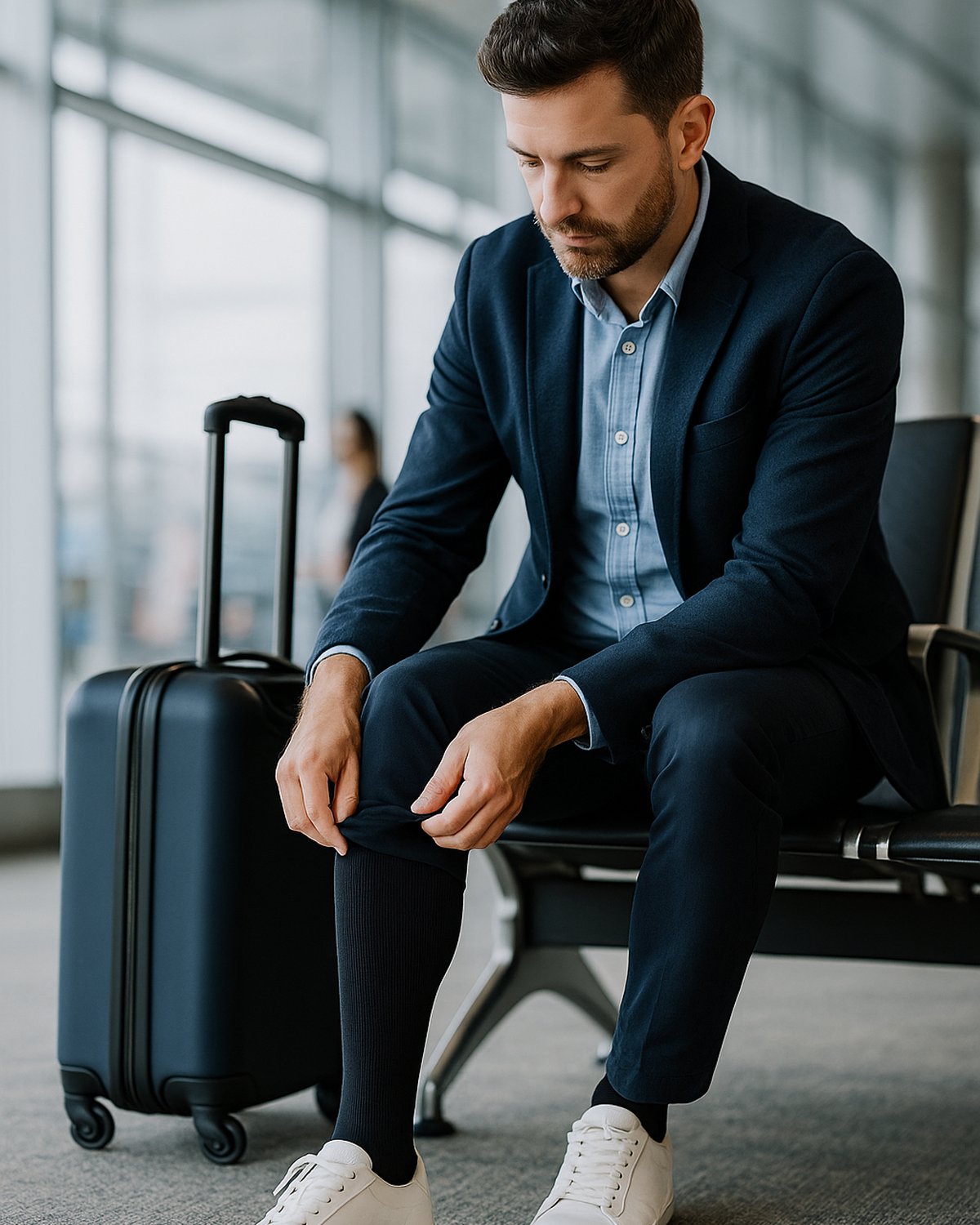 Kompressionsstrümpfe für Herren als knielange Reisestrümpfe. Mann mit Koffer sitzt in der Wartehalle und zieht sich die Stützstrümpfe für den Flug an.