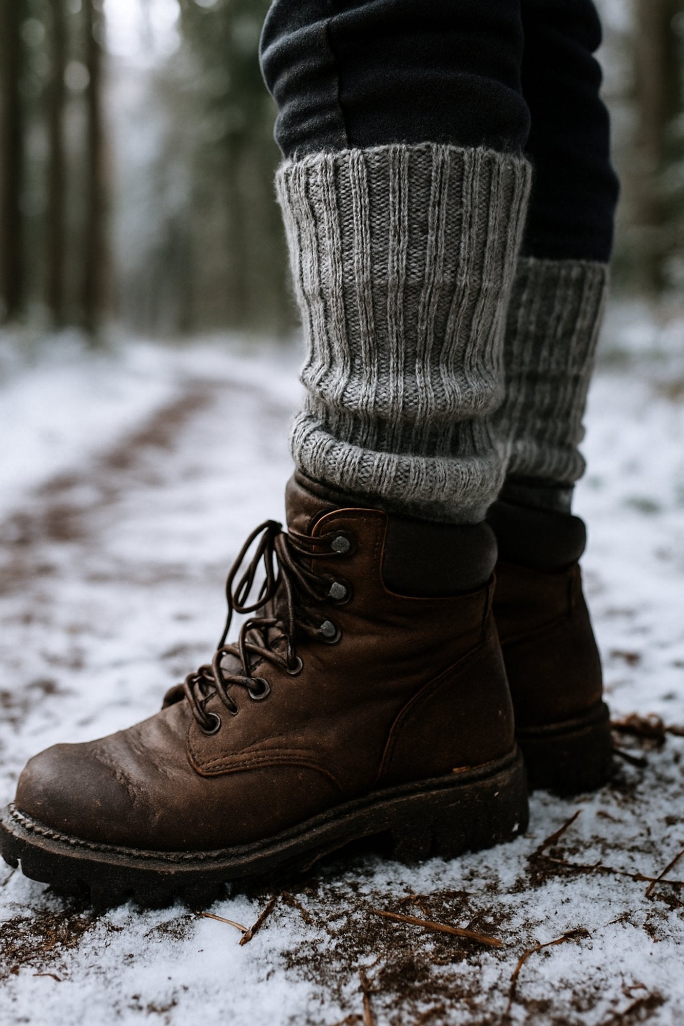 Merino Wollsocken Herren in robusten Lederstiefeln auf verschneitem Waldweg Nahaufnahme