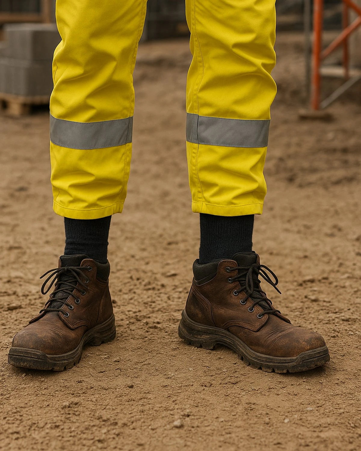Arbeitssocken für Herren in Arbeitsschuhen mit gelber Warnschutzhose auf Baustelle