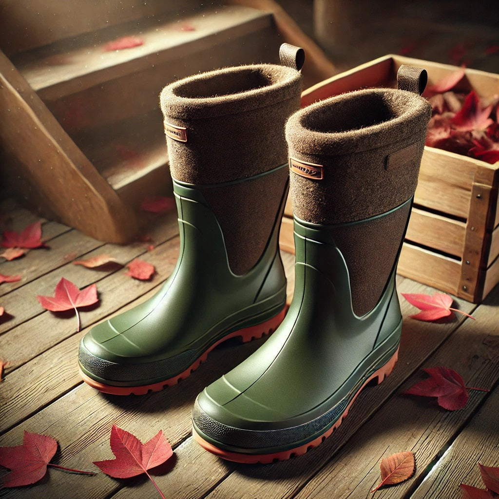 Damen-Gummistiefel mit Filzeinlagen auf einem rustikalen Holzuntergrund, umgeben von herbstlichen Blättern. Perfekt für Outdoor-Aktivitäten in der kalten Jahreszeit.