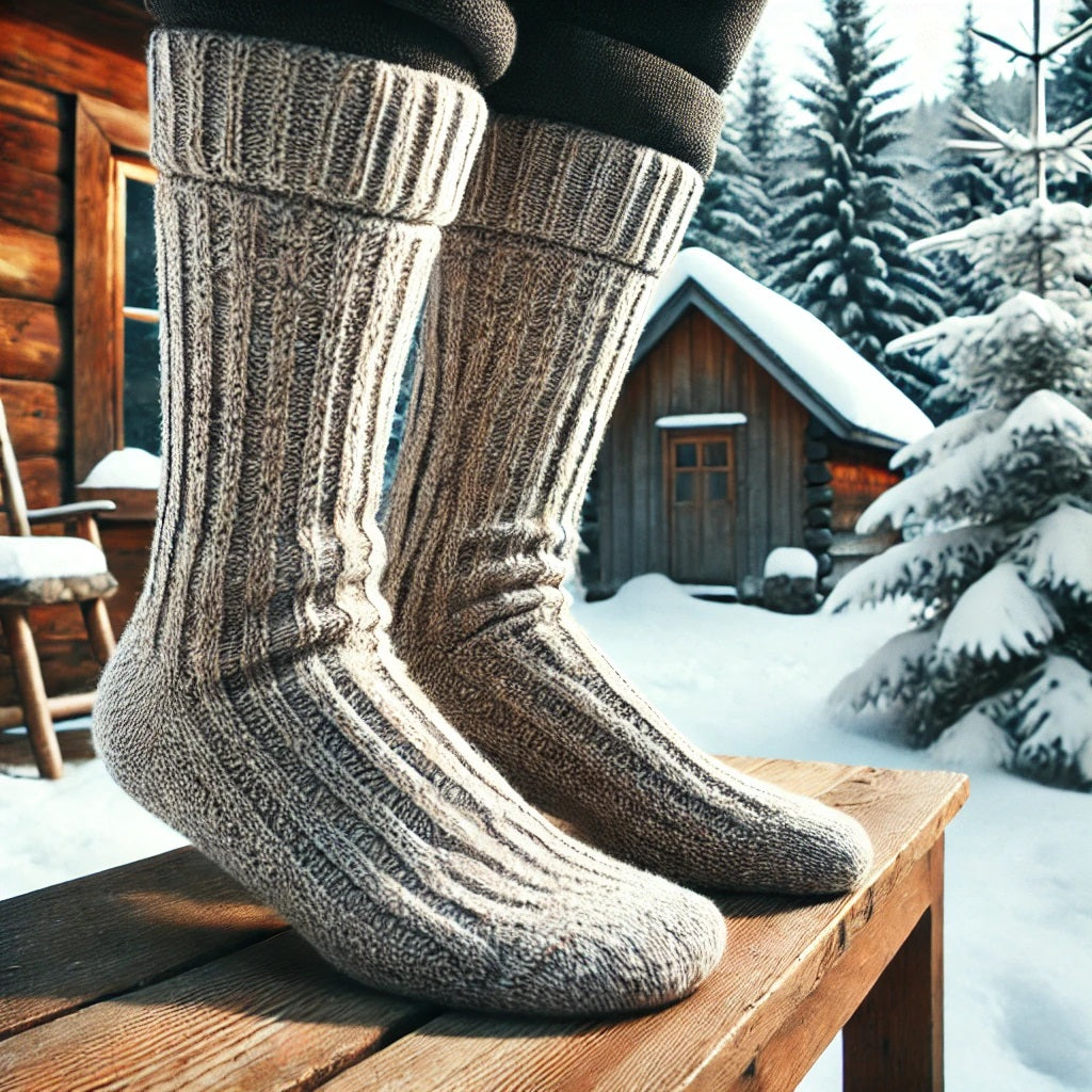 Thermosocken Damen in einer winterlichen Outdoor-Szene, getragen auf einer Holzbank vor einer Hütte. Die dicken Thermo Socken bieten optimalen Schutz vor der Kälte und sind ideal für den Einsatz im Winter.