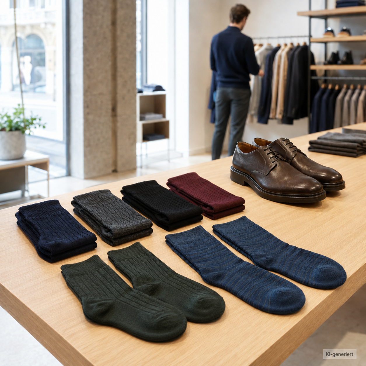 Herrensocken in Übergrößen mit großen Herrenschuhen in einer modernen Herrenboutique