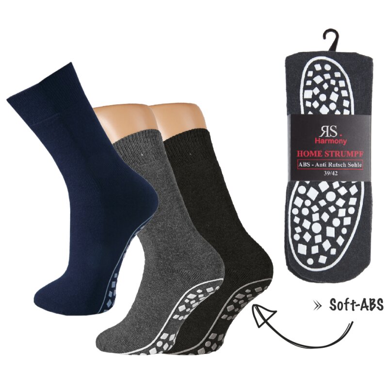 Drei Paar ABS Socken Herren mit Soft-ABS Sohle in Dunkelblau, Grau und Schwarz. Rutschfest, ideal als Hausschuhersatz. Verpackung mit „RS Harmony HOME-STRUMPF ABS – Anti-Rutsch-Sohle“ und gepunktetem Sohlenmuster für sicheren Halt auf glatten Böden. ​​