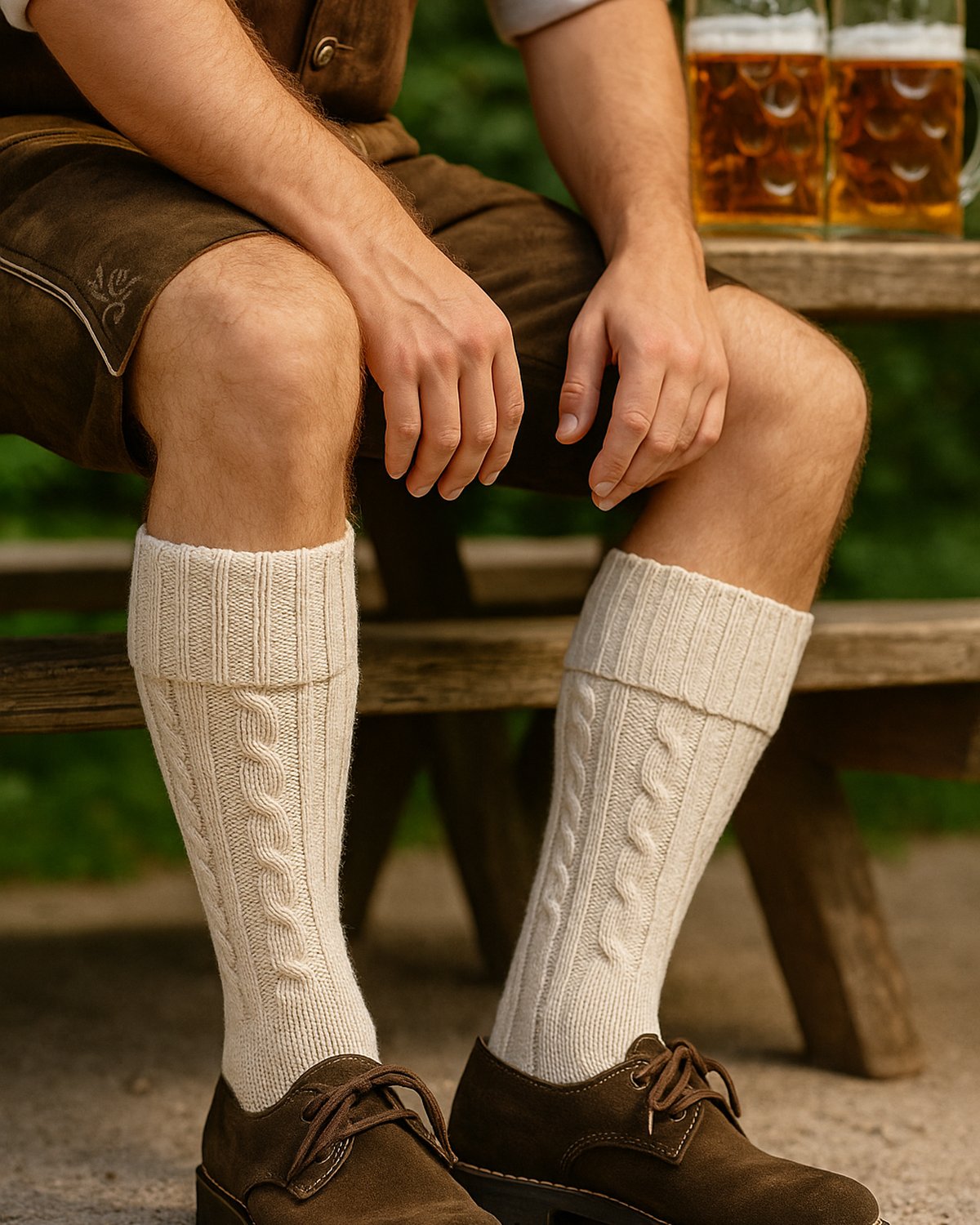 Trachtensocken für Herren in Natur mit Zopfstrick zu Lederhose und Haferlschuhen im Biergarten