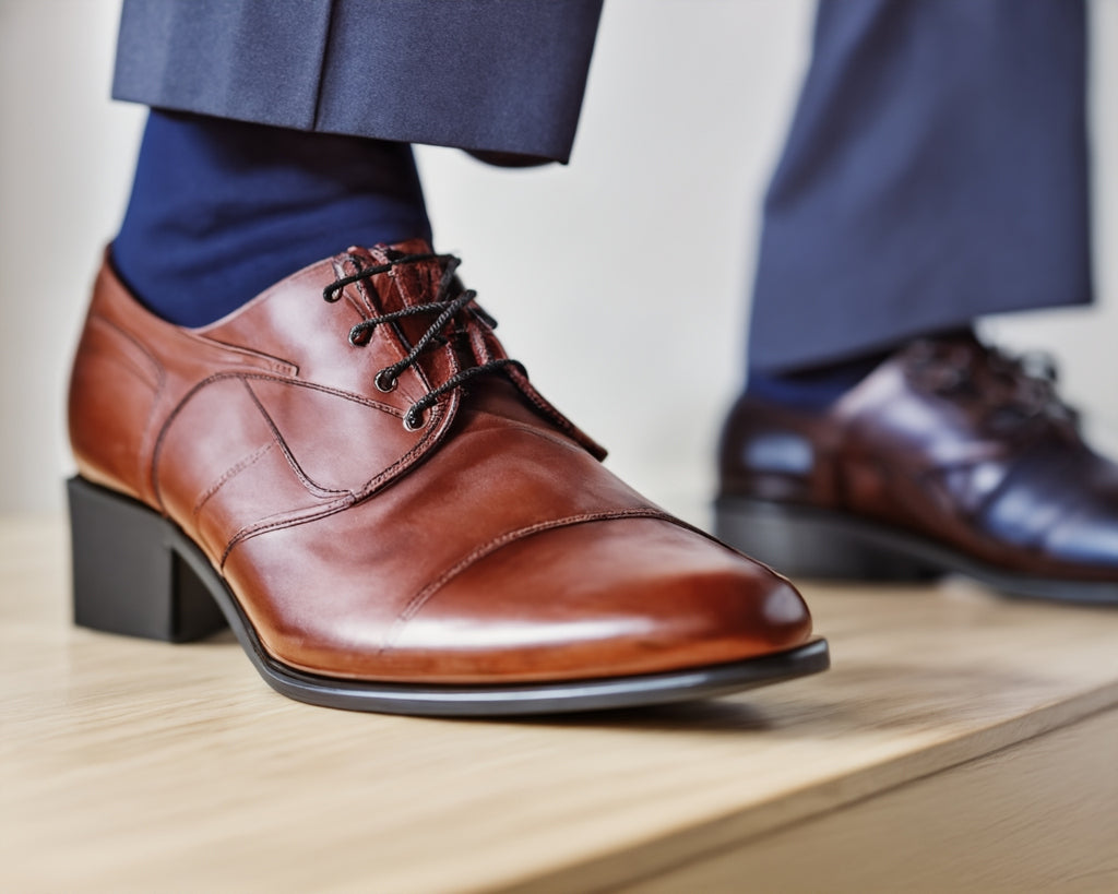 Nahaufnahme eines eleganten Business-Outfits, das polierte braune Lederschuhe und dunkelblaue Business-Socken unter einer dunkelblauen Anzughose zeigt. Die Szene vermittelt Stil und Professionalität in einem formellen, geschäftlichen Umfeld.