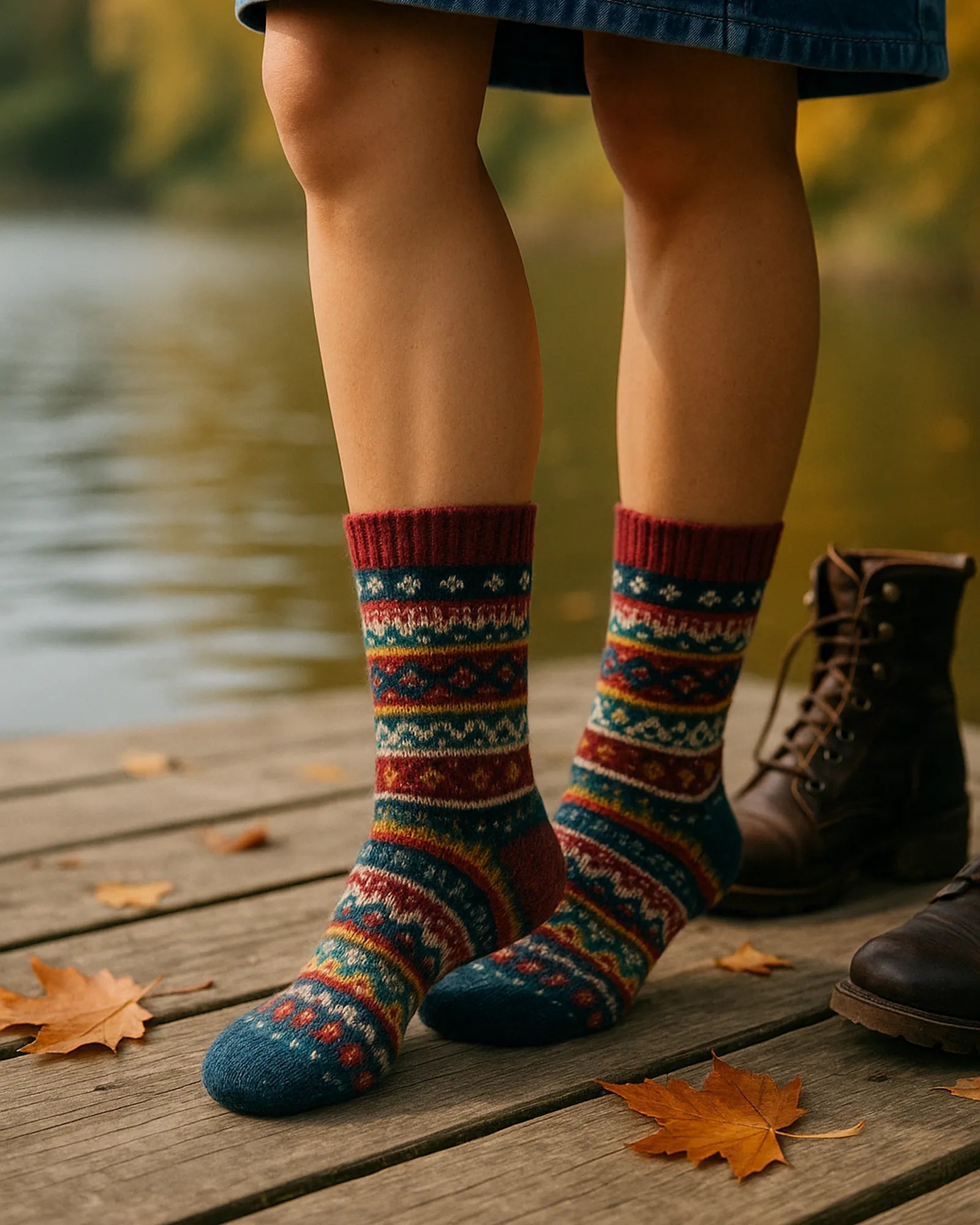 Auf dem Bild siehst du bunte Wollsocken für Damen. Eine Frau trägt zu einem Jeans Rock Woll Socken.