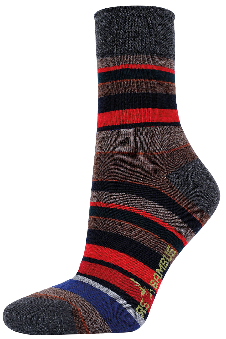 3-15 Paar Bambus Viskose Socken in Herbstfarben mit Ringelmuster aus grau, rot, braun und blau, mit weichem Softrand und verstärkter Ferse, perfekt für bequemen Tragekomfort