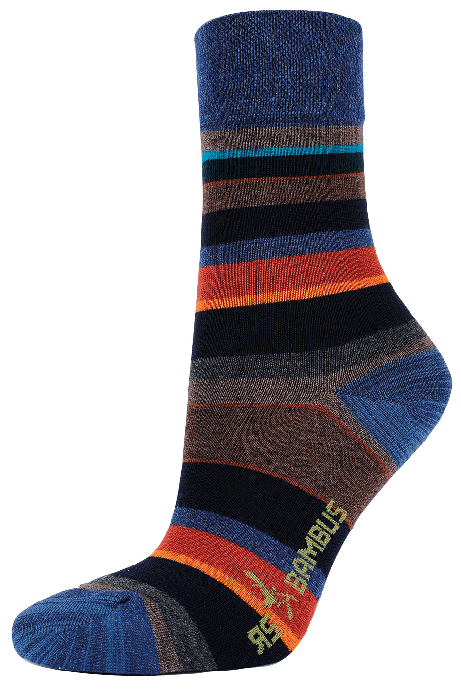 3-15 Paar Bambus Viskose Socken mit bunten horizontalen Streifen in Blau, Schwarz, Orange und Braun, mit verstärkter Ferse und Softrand für optimalen Komfort im Herbst-Design