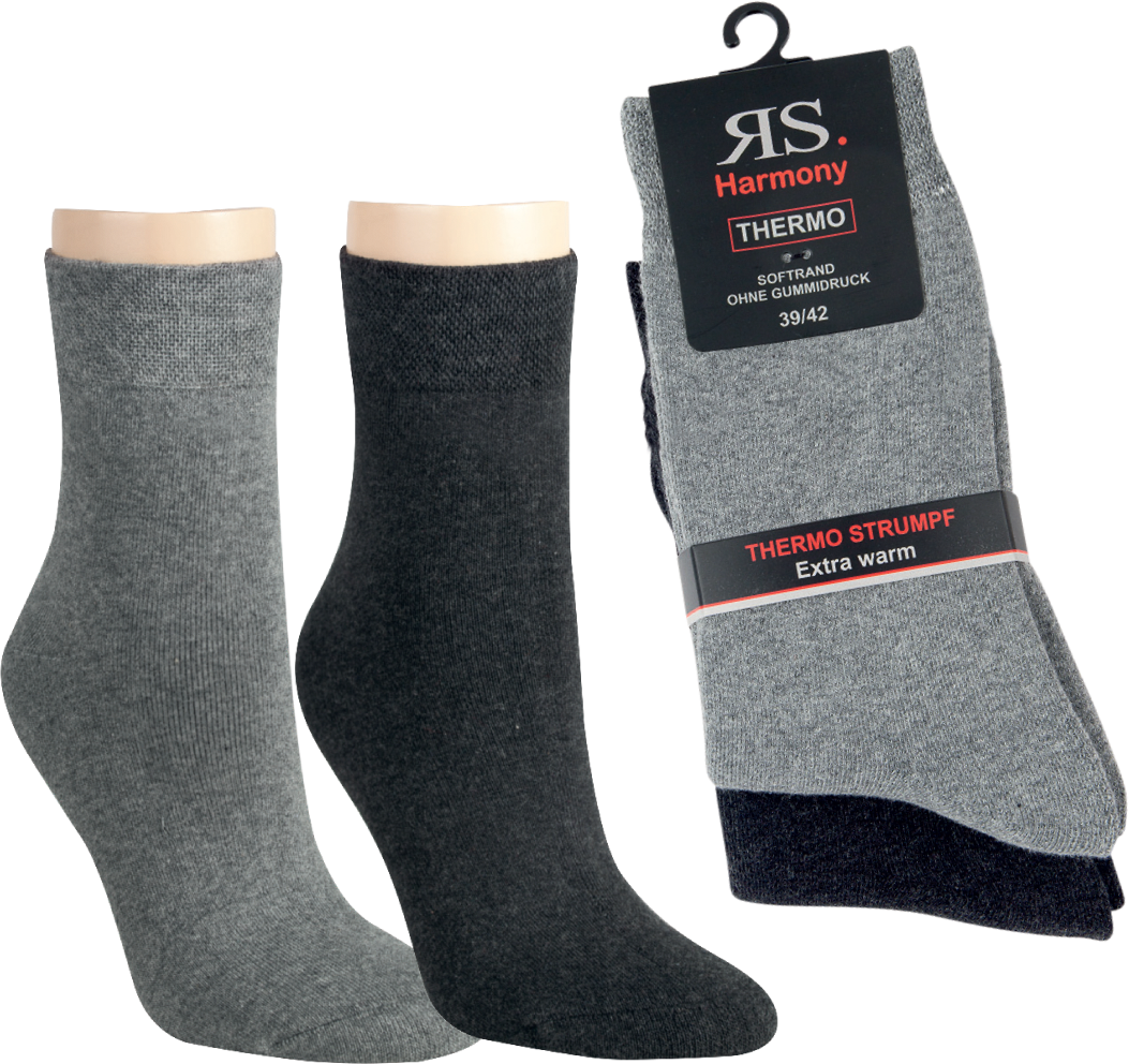 2-10 Paar warme Winter THERMO Damen Socken: Graue und schwarze Thermostrümpfe mit RS Harmony Verpackung, extra warme Winterstrümpfe aus Baumwolle mit Softrand und ohne Gummidruck, in Produktverpackung präsentiert