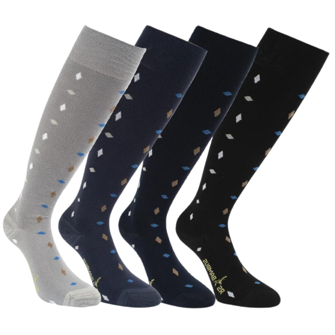 Damen Kniestrümpfe Bambus-Viskose – RS Harmony LADY, Schwarz, blau und grau mit kleinen Rauten.