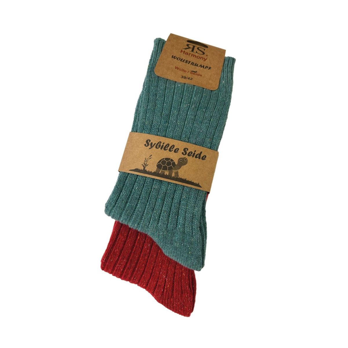 Socken mit Merinowolle und Seide in der Farbe rot und petrol