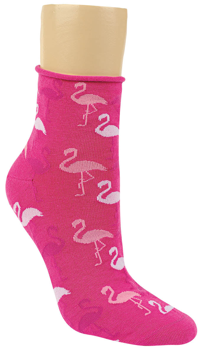 3 oder 6 Paar Kurzsocken Baumwolle mit Flamingo Motiv und Rollrand pink und weiß