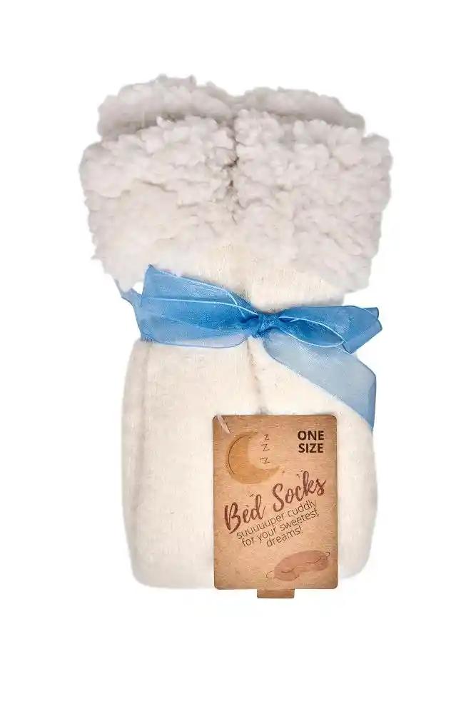 1 Paar Bettsocken ABS Socken extra flauschig gefüttert Homesocks Teddy Futter in weißer Farbe mit hellblauer Schleife und Produktetikett, kuschelig weiche Winterbettsocken mit rutschfester Sohle