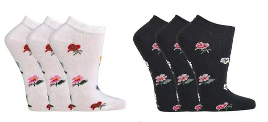 3 Paar Sneaker Socken mit Blumen gekämmte Baumwolle schwarz oder weiß