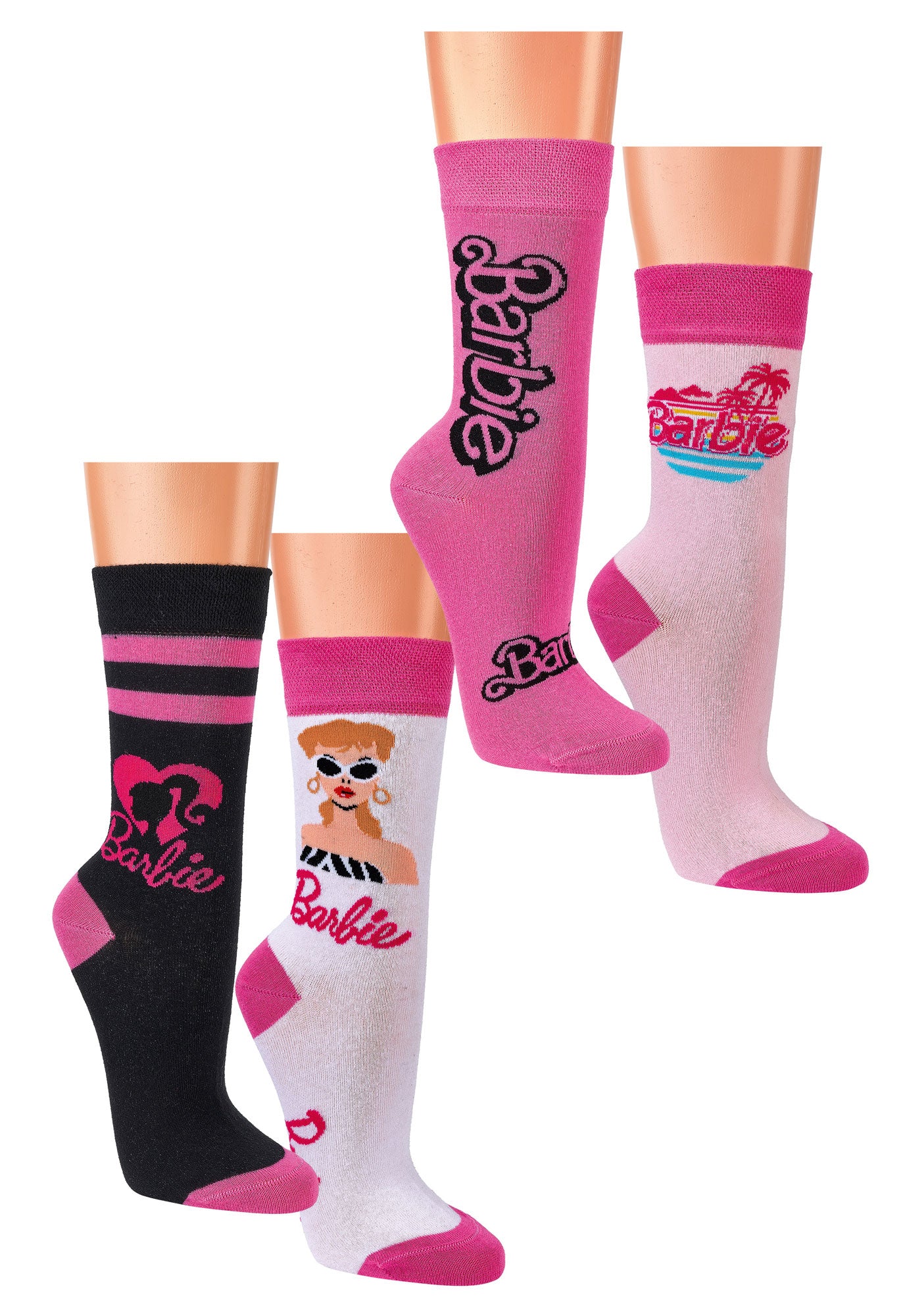 Barbie angesagte Socken für Mädchen und Damen: Vier stylische Sockenpaare in Pink, Schwarz und Weiß mit Barbie Logo, Palmen-Design und trendigen Streifen, perfekt für den modebewussten Barbie Look