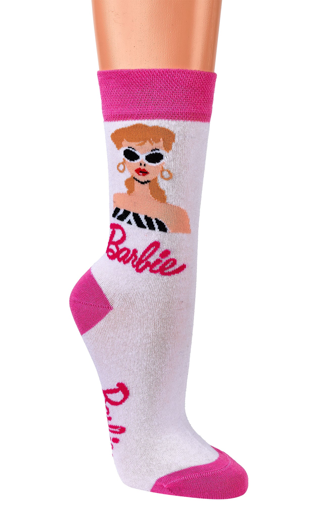 Barbie angesagte Socken für Mädchen und Damen im typischen Barbiestyle - weiße Baumwollsocken mit pinkem Bund, stilvollem Barbie-Logo und klassischer Illustration auf weißem Grund