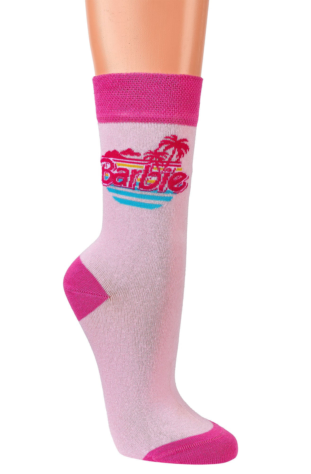 Barbie angesagte Socken für Mädchen und Damen - Rosa Socke mit pinkem Bündchen, Barbie Logo und Palmen-Design, tropischer Stil mit Kontrasten in Pink und Hellrosa