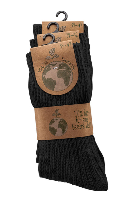 3-15 Paar Bio Socken aus 100% Baumwolle GOTS zertifiziert: Schwarze gerippte Biosocken mit umweltfreundlicher Verpackung aus Kraftpapier, dekoriert mit Erdkugel-Motiv und Größenangabe 39-42