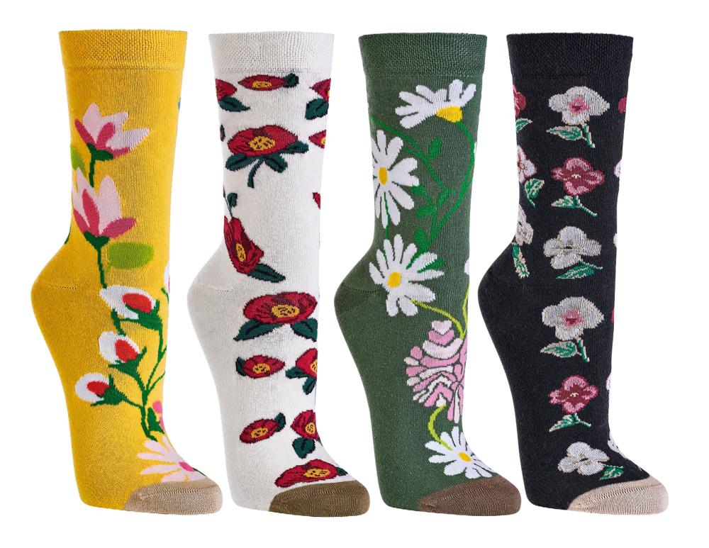 3 Paar bunte Socken mit verschiedenen fröhlichen Motiven viel Baumwolle - Vier modische Sockenmuster mit Blumenmotiven in Gelb, Weiss, Grün und Schwarz, verziert mit Gänseblümchen, Rosen und anderen floralen Designs