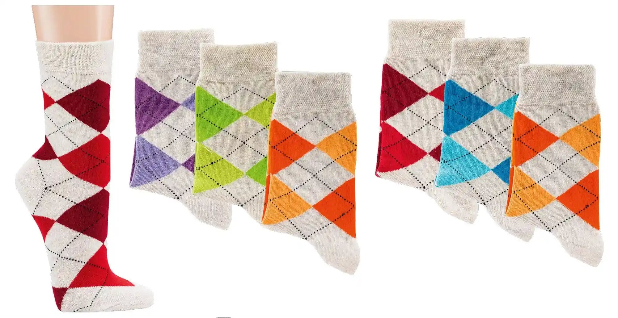 3 Paar bunte Socken mit verschiedenen fröhlichen Motiven viel Baumwolle: Gemusterte Karo-Socken in Grau mit Rot, Lila, Grün, Orange und Blau im klassischen Argyle-Muster, aus hochwertiger Baumwolle für besten Tragekomfort