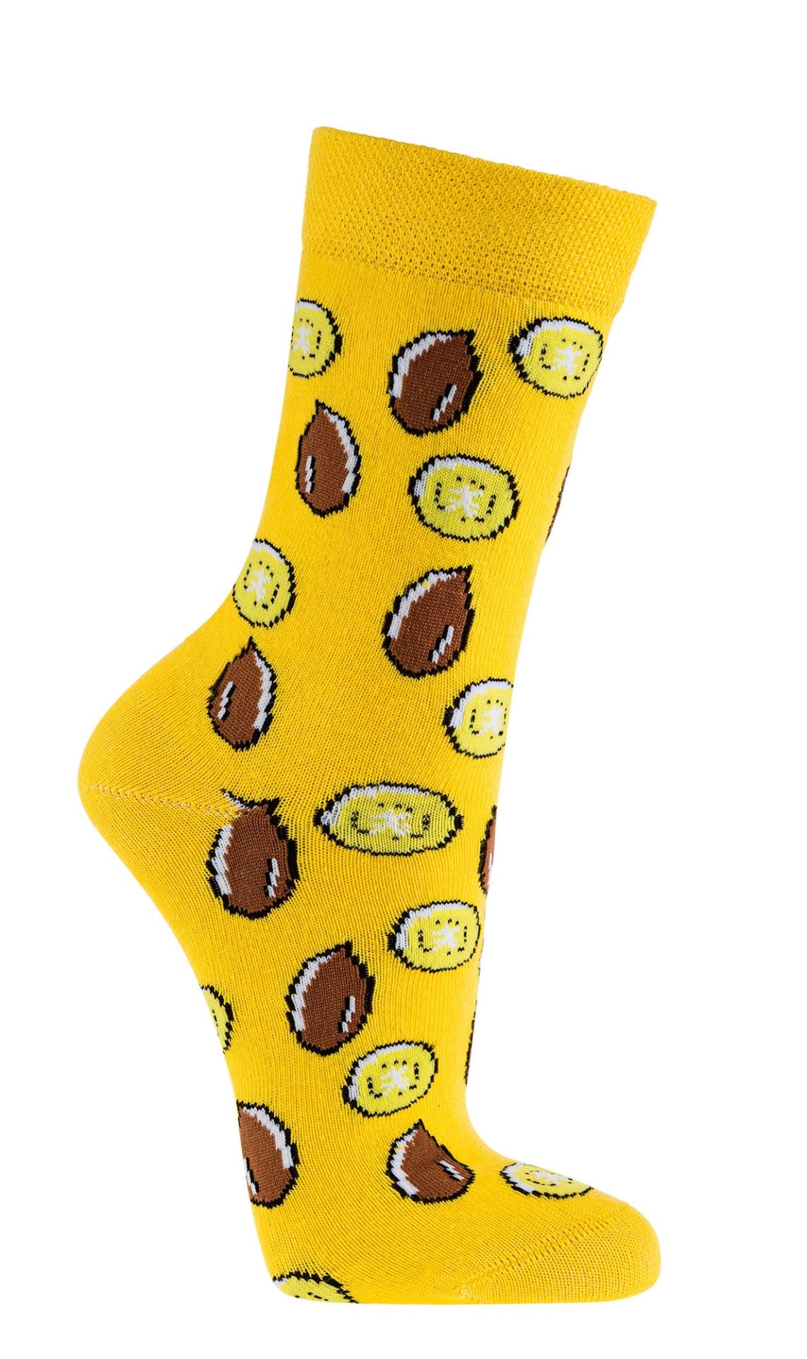 Gelbe Socken mit Kiwi Muster und weichem Komfortbund