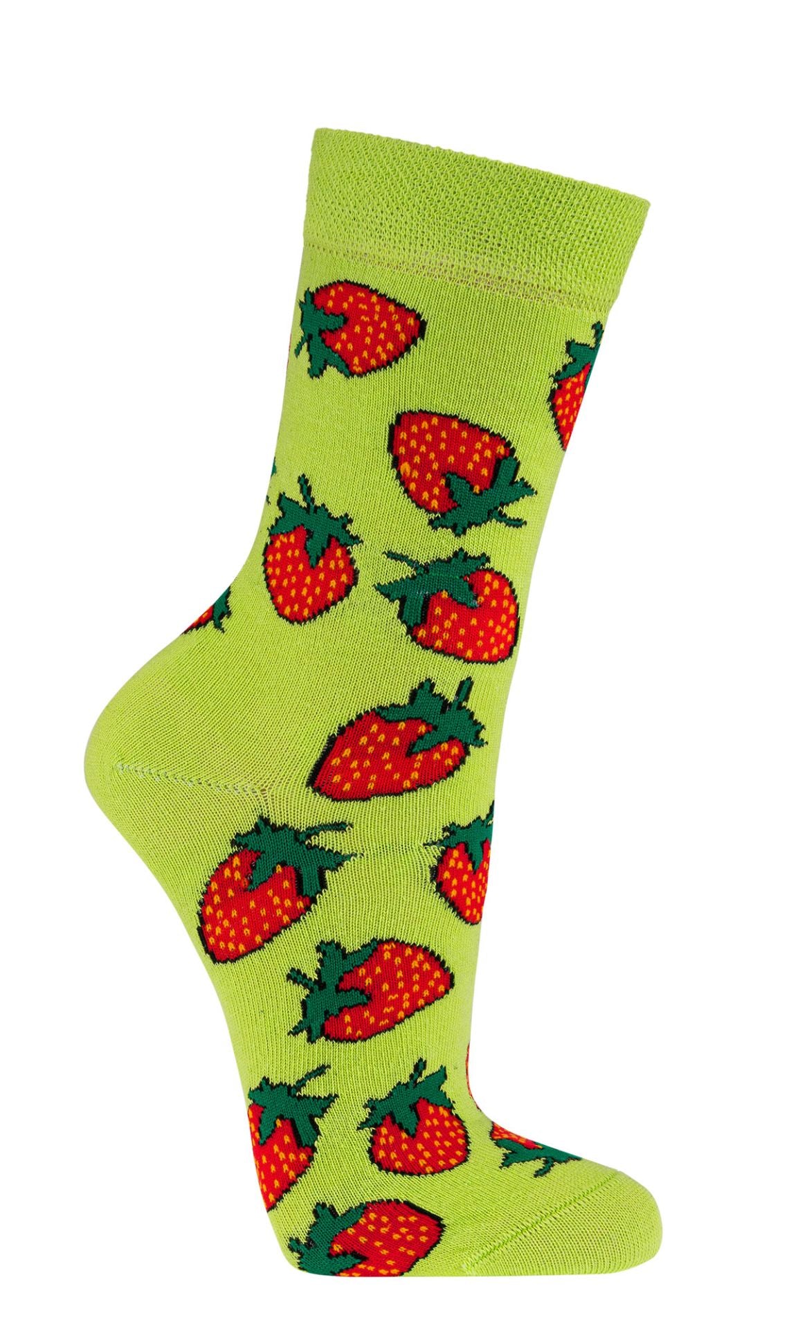 Grüne Socken mit rotem Erdbeermuster und farbenfrohem Früchtedesign