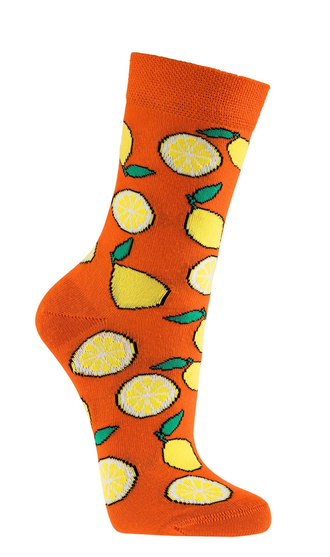 Orangefarbene Socken mit gelbem Zitronenmuster und weichem Bund