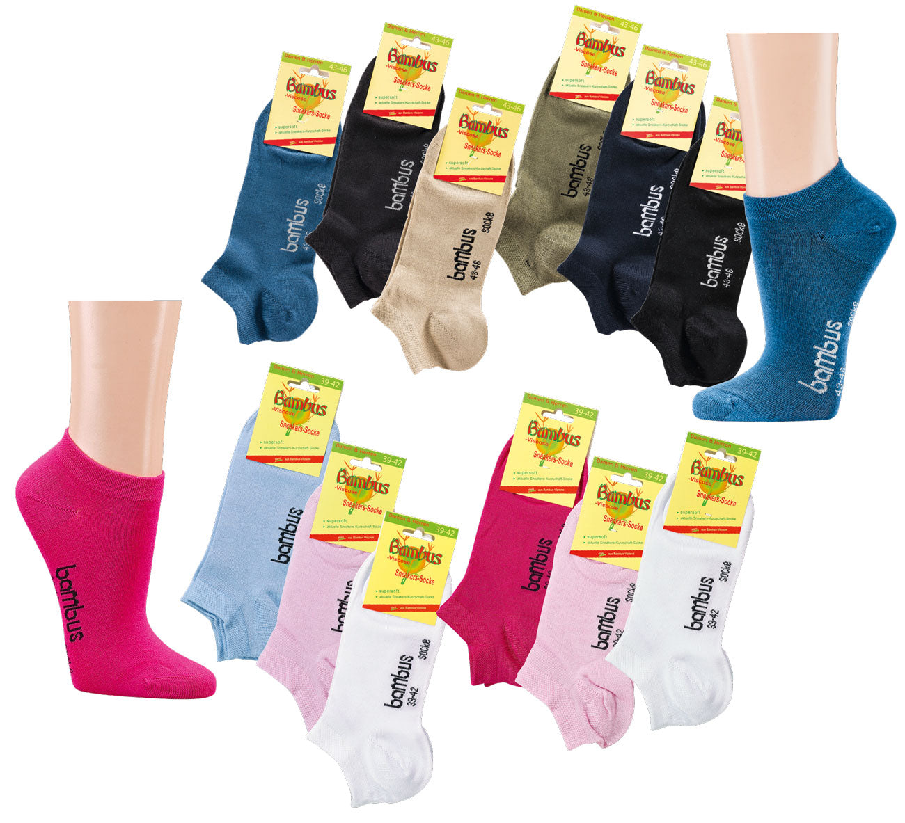 3 Paar farbige bunte Bambus Viskose Sneaker Socken Sneakersocken in verschiedenen Farben wie blau, schwarz, beige, grün und pink, aus hochwertiger 200-Nadel-Qualität mit verstärkter Ferse und Zehenbereich