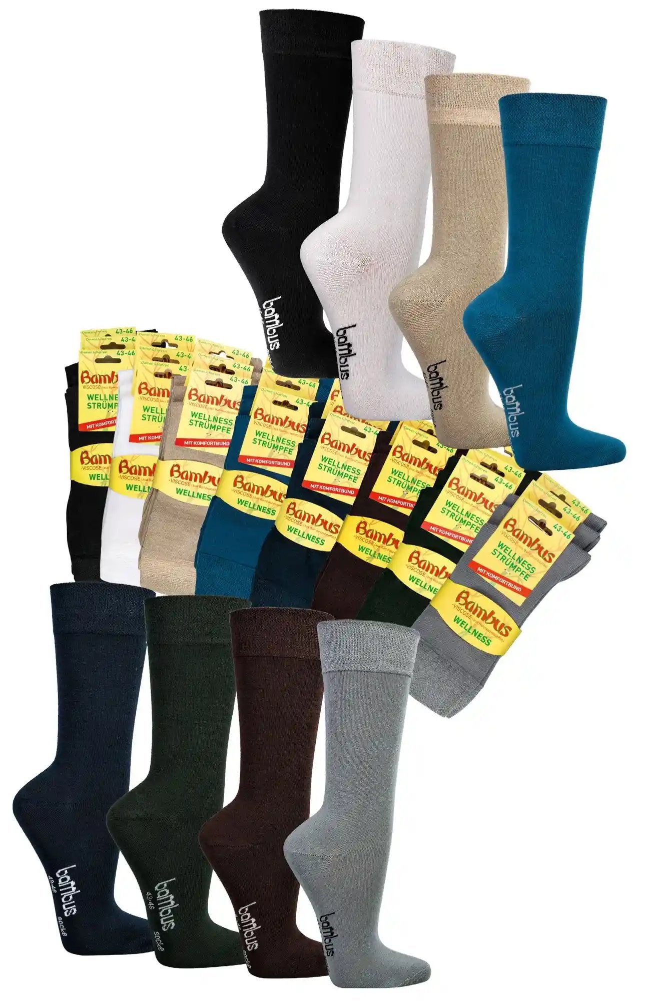 6 Paar Bambus Viskose Socken Unisex Softrand ohne Gummi in verschiedenen Farben wie schwarz, weiss, beige und blau, mit Produktverpackungen und Sockenpraesentation in aufrechter Position