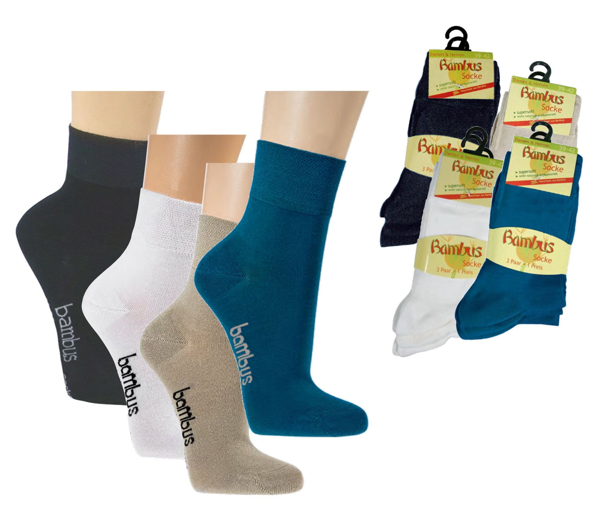 3-15 Paar Bambus Viskose Kurzschaftsocken in verschiedenen Farben, Produktverpackungen und Sockenpräsentation auf Kunststoffformen, hochwertige Quarter-Socken für Damen und Herren aus atmungsaktiver Bambusviskose