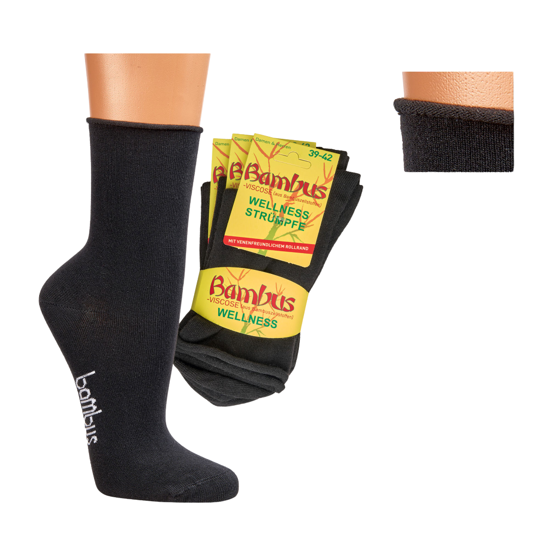 Schwarze Bambus Socken mit Rollrand für Damen und Herren.