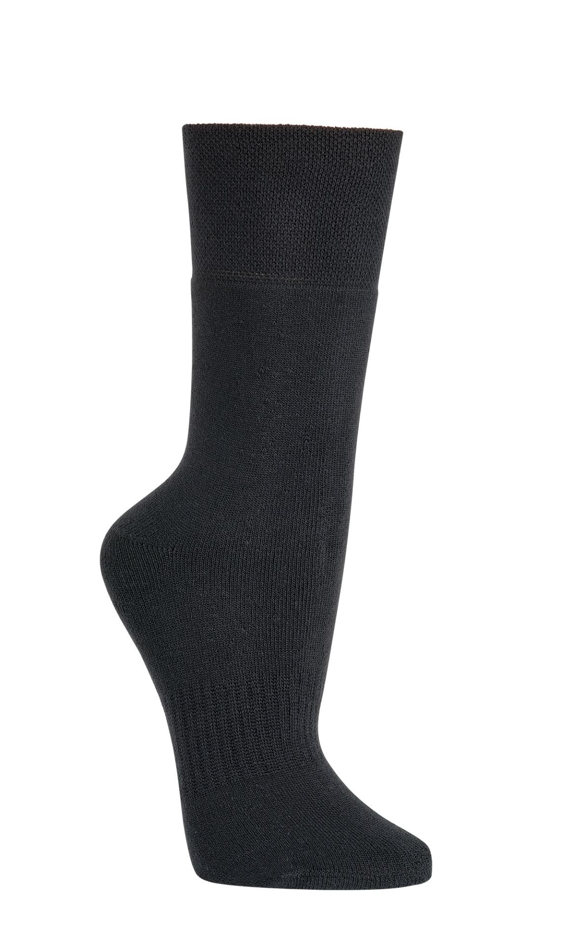 Freigestelltes Produktfoto einer einzelnen schwarzen Bambus Viskose Thermo Socke mit Rippbündchen. Die Socke hat eine durchgehende Frottee-Innenseite für optimalen Wärmekomfort.
