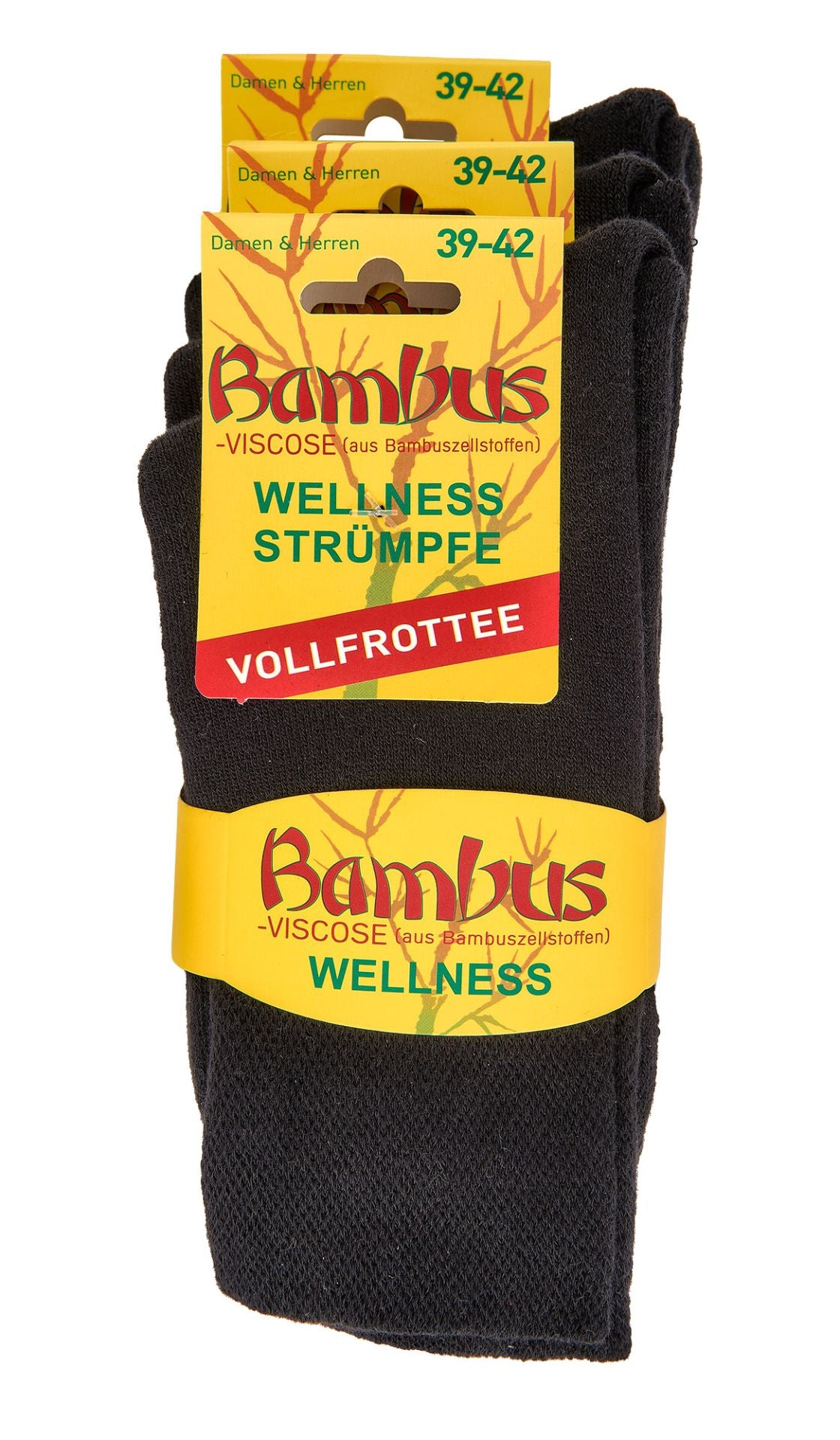 3 Paar schwarze Bambus Viskose Wellnesssocken in gelber Verpackung mit Aufschrift „Vollfrottee“et für  Die Socken bestehen aus weicher Bambus-Viskose mit Innenfrottee und bieten druckfreien Tragekomfort.