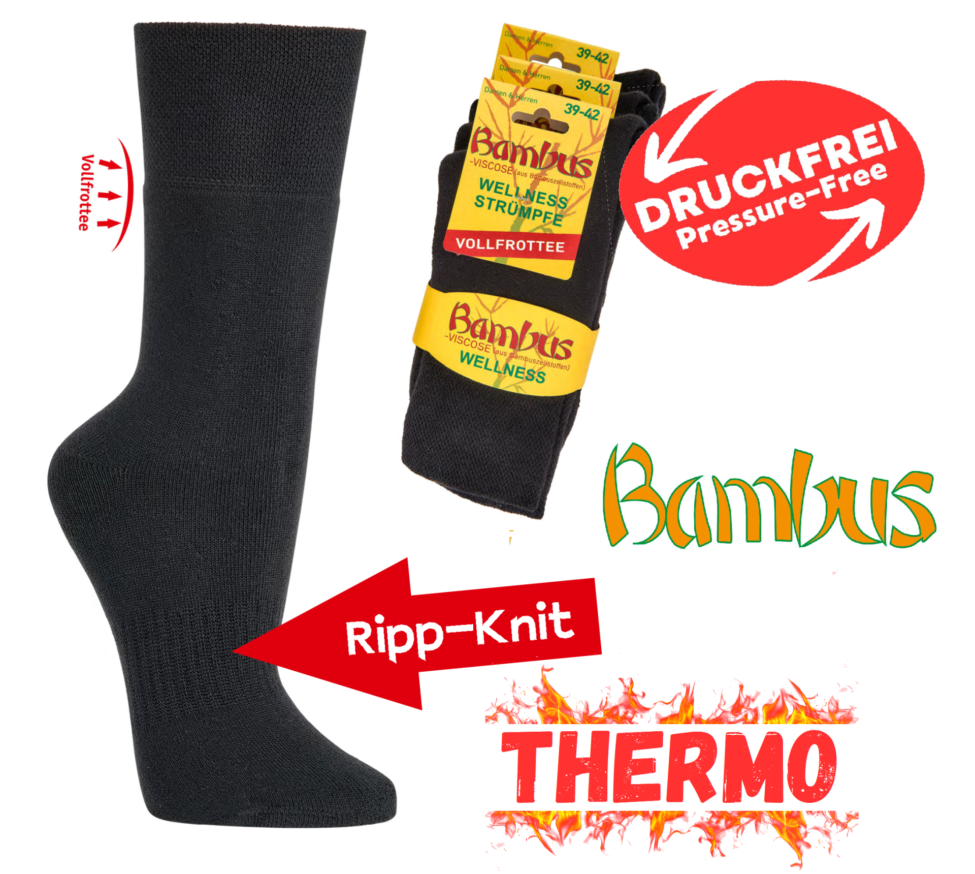 Schwarze Bambus Viskose Vollfrottee Socke neben der Verpackung mit zusätzlichen Beschriftungen: „Druckfrei“, „Ripp-Knit“ und „THERMO“. Das Bild zeigt die wichtigsten Produkteigenschaften visuell hervorgehoben.