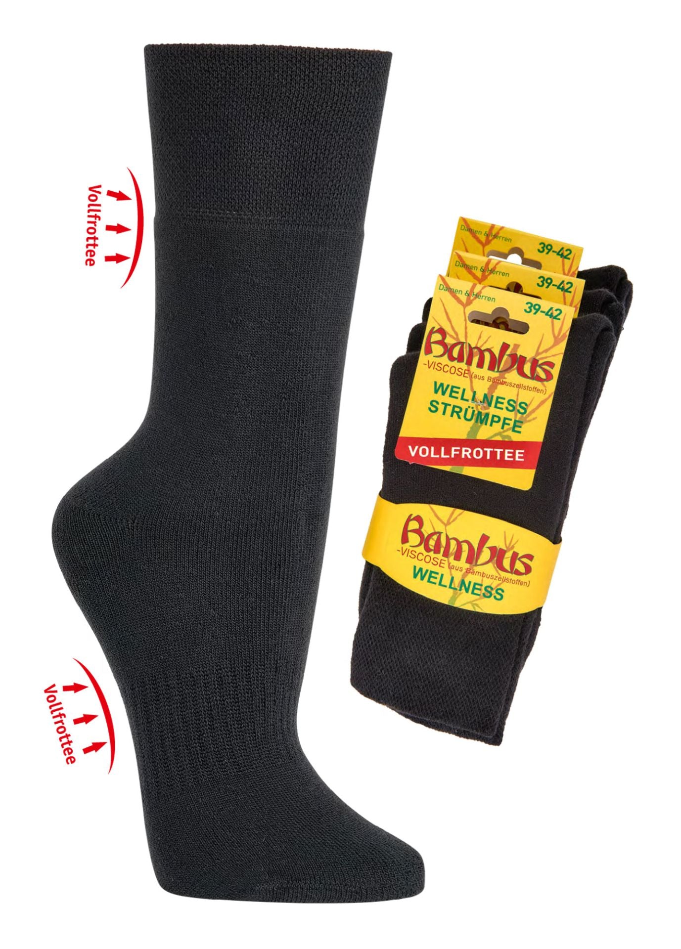 Produktdarstellung einer schwarzen Bambus Viskose Socke mit Vollfrottee-Polsterung und daneben ein 3er-Pack der Socken in Originalverpackung. Mit grafischer Kennzeichnung „Vollfrottee“ für bessere Verständlichkeit.