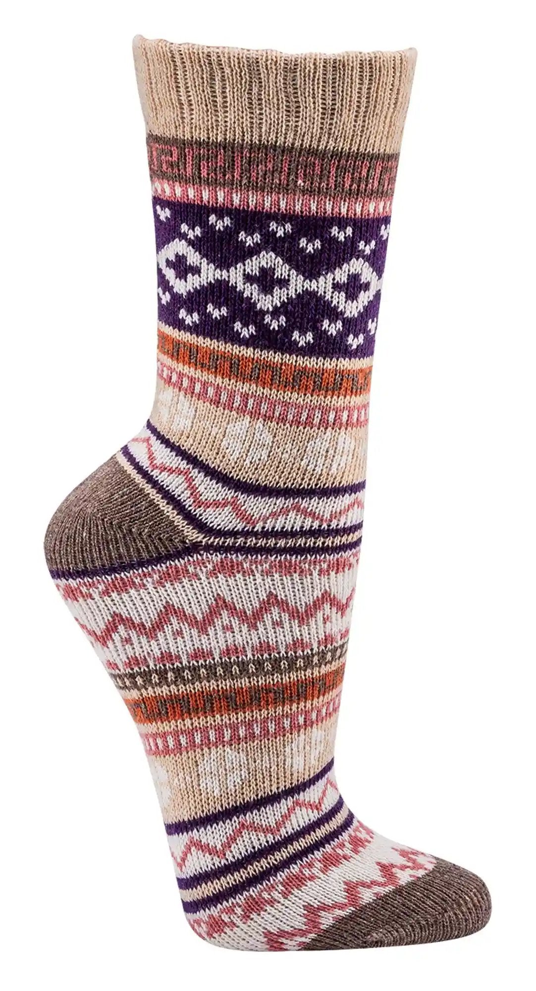 3 oder 6 Paar bunte Norweger Socken aus Baumwolle mit traditionellem nordischem Muster in Beige, Lila und Orange, warme Hygge Socken für Damen und Mädchen mit dekorativem Fair-Isle-Design und gemütlichem Bündchen