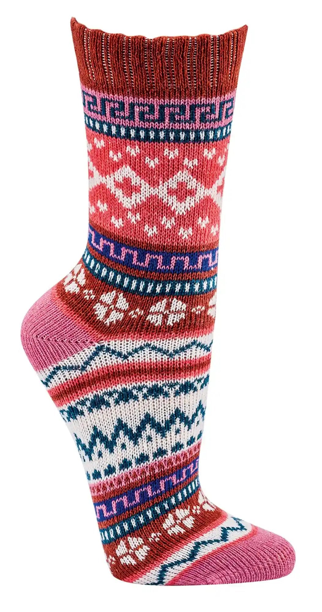 3 oder 6 Paar bunte Norweger Socken - Einzelne Socke mit traditionellem nordischem Muster in Rot, Rosa, Blau und Weiss, gestrickt aus Baumwolle im Hygge-Stil mit geometrischen und Blumenmustern