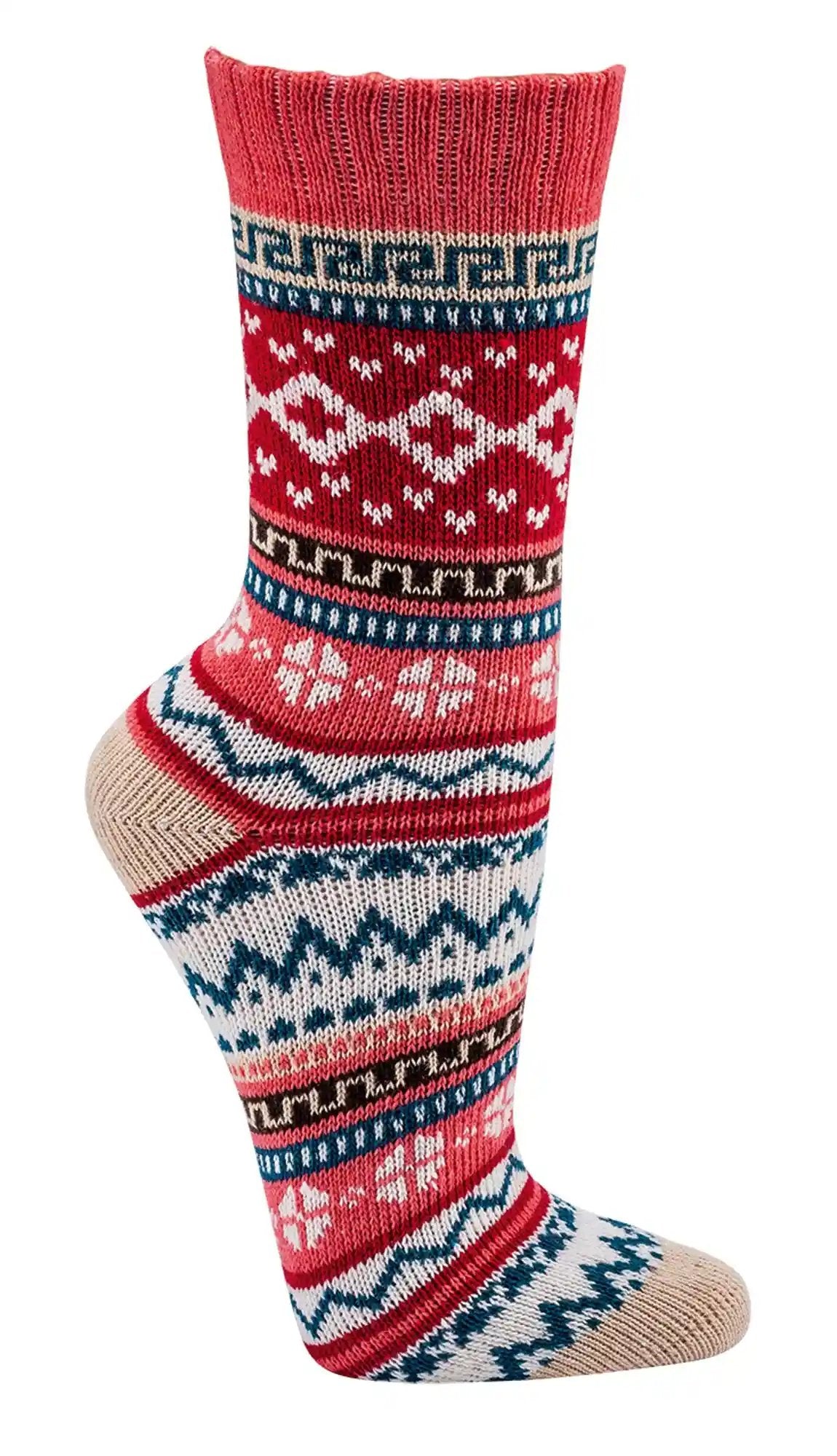 3 oder 6 Paar bunte Norweger Socken: Gestrickte Hygge Socken mit traditionellem nordischem Muster in Rot, Weiß und Blau, geometrische Designs und Zickzack-Streifen, aus Baumwolle für Damen und Mädchen