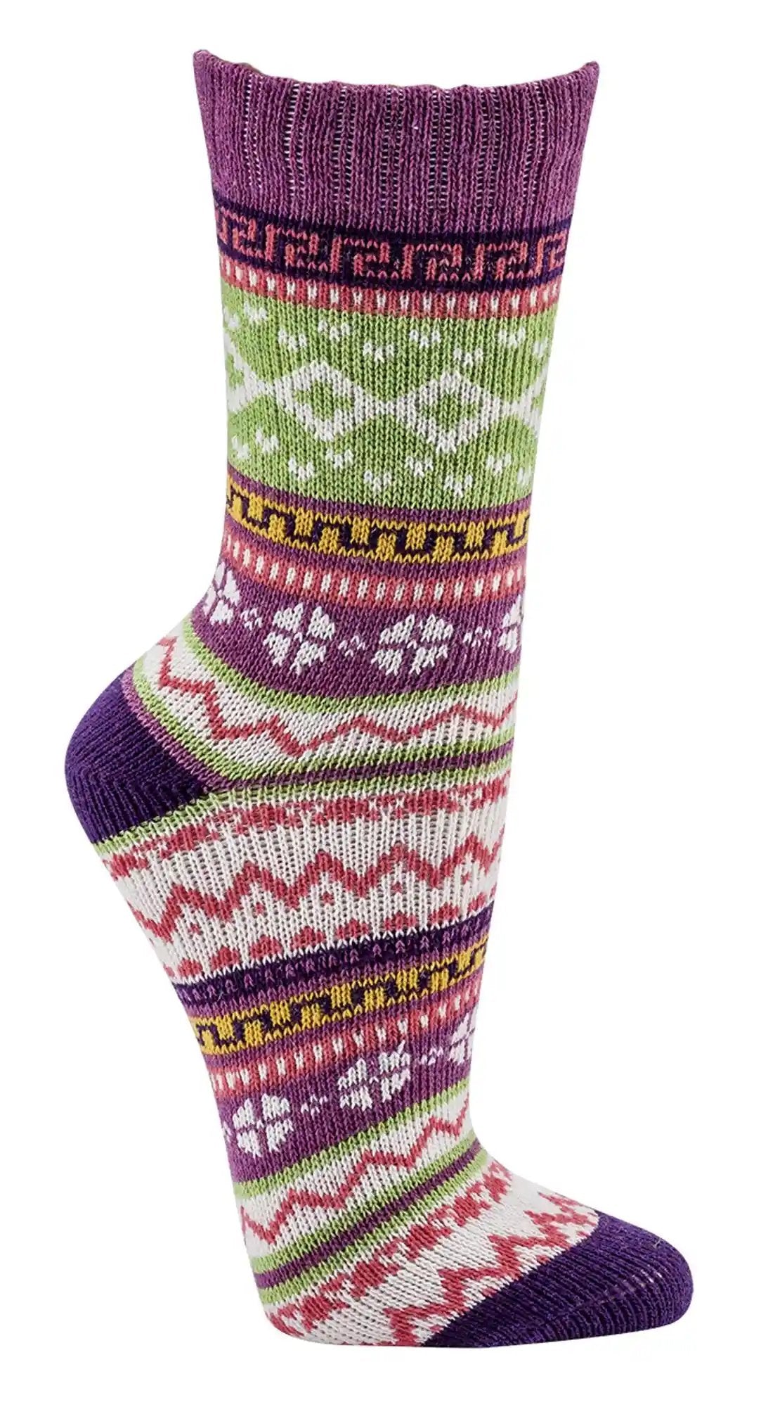 3 oder 6 Paar bunte Norweger Socken mit traditionellem Muster in Lila, Rosa, Grün und Weiß, gestrickt aus Baumwolle im nordischen Hygge-Stil mit dekorativen Streifen und geometrischen Mustern