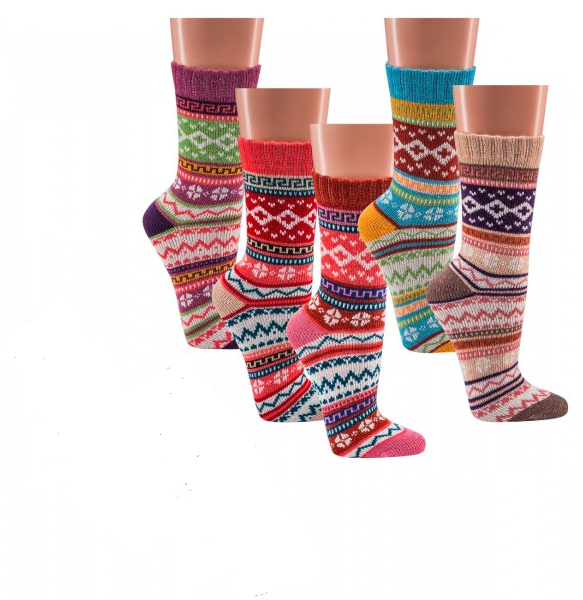 3 oder 6 Paar bunte Norweger Socken aus Baumwolle mit traditionellem nordischem Muster in verschiedenen Farben wie Lila, Rot, Turkis und Rosa, im Hygge-Stil für Damen und Mädchen