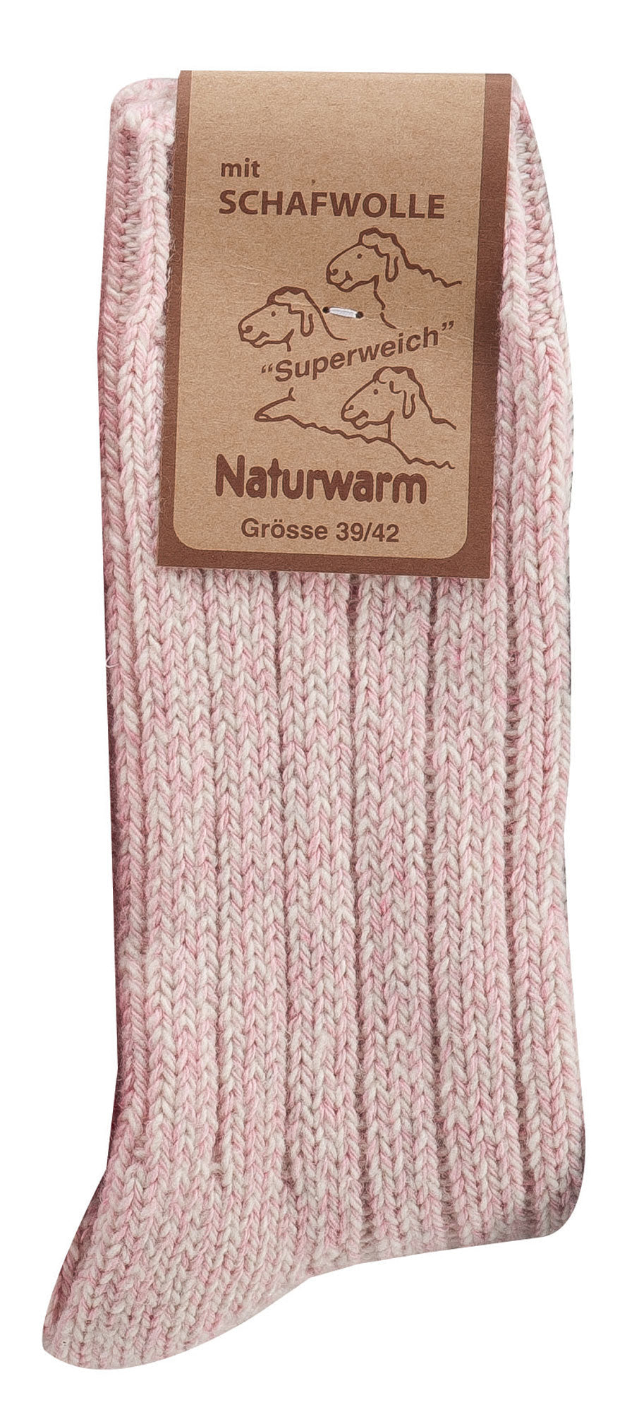 3 oder 6 Paar Norwegersocken mit Wolle: Rosa-weiß melierte Stricksocke mit Schafwolle-Etikett, warme Naturwarm-Qualität, Größe 39/42, gestricktes Norwegermuster für Damen und Mädchen