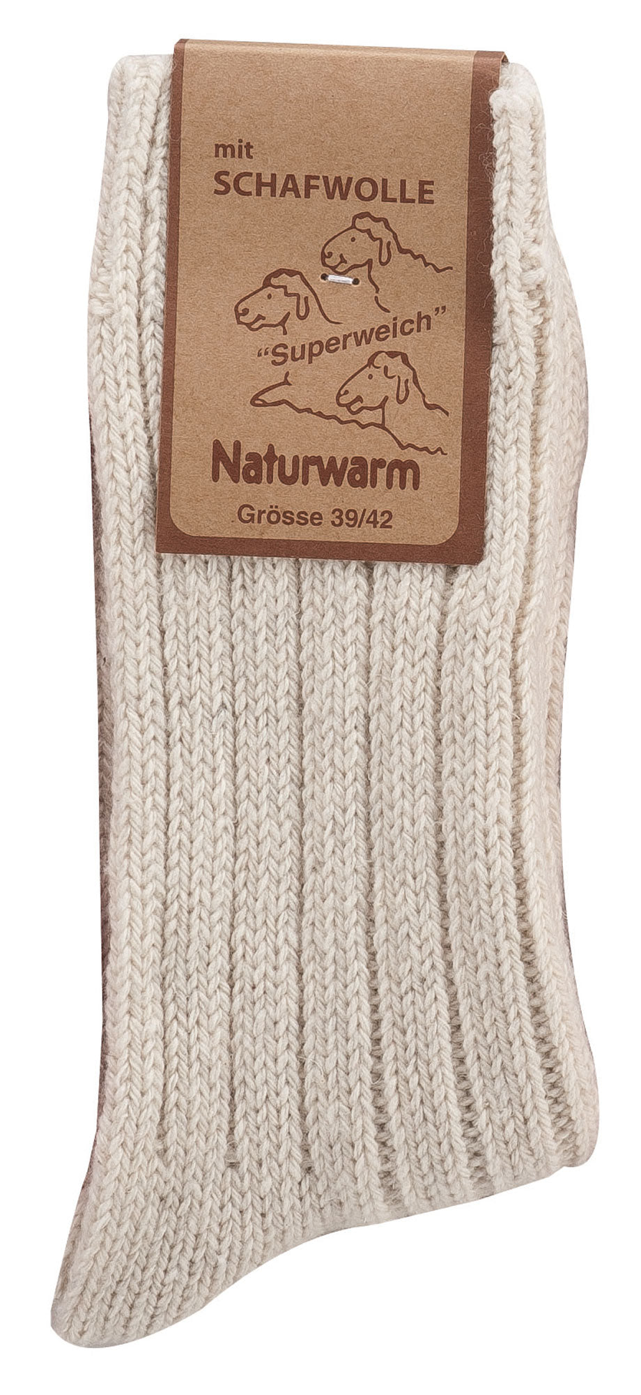 3 oder 6 Paar Norwegersocken mit Wolle - cremefarbene Stricksocke mit Schafwolle und braunem Produktetikett, das Naturwarm und Superweich verspricht, in Größe 39/42 für Damen und Mädchen