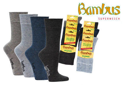 3-15 Paar Bambus Viskose Socken in verschiedenen Grau- und Blautönen, mit Produktverpackungen der Marke Bambus Superweich, komfortable Herrensocken ohne Gummidruck in melierter Optik